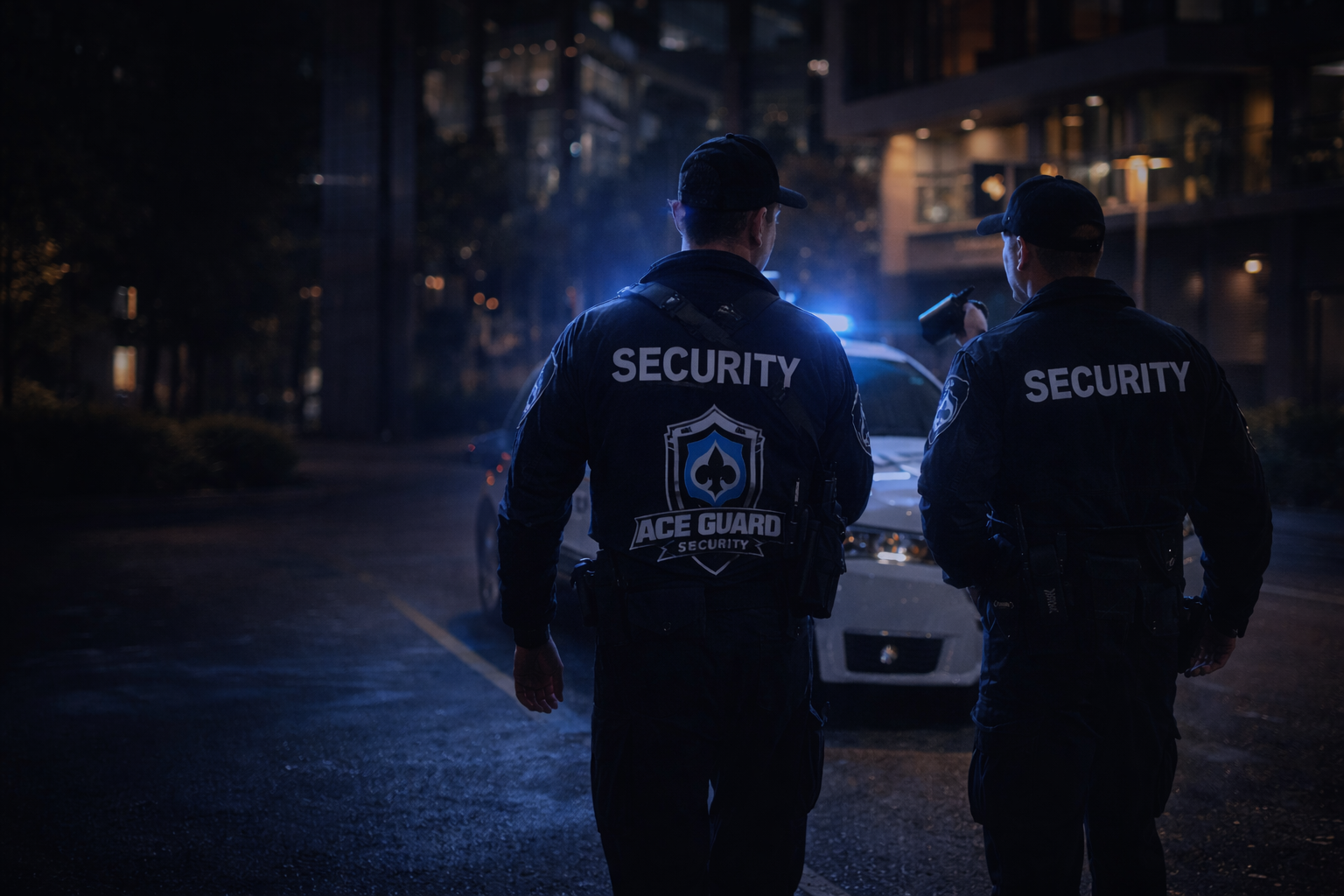 Uniformed professional security guard on night watch patrol in urban streets